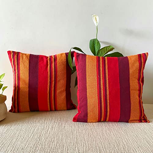 RANGBHAR Handloom Cotton Cushion Covers With Concealed Top Zip, Striped/Solid Cushion Covers For Living Room, 16 X 16 Inch, Red, Pack Of 5, 220 TC - Image 4