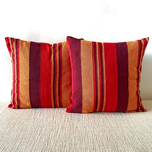 RANGBHAR Handloom Cotton Cushion Covers With Concealed Top Zip, Striped/Solid Cushion Covers For Living Room, 16 X 16 Inch, Red, Pack Of 5, 220 TC - Image 3