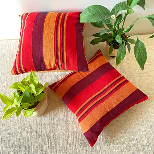 RANGBHAR Handloom Cotton Cushion Covers With Concealed Top Zip, Striped/Solid Cushion Covers For Living Room, 16 X 16 Inch, Red, Pack Of 5, 220 TC - Image 2