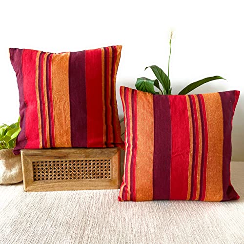 RANGBHAR Handloom Cotton Cushion Covers With Concealed Top Zip, Striped/Solid Cushion Covers For Living Room, 16 X 16 Inch, Red, Pack Of 5, 220 TC - Image 1