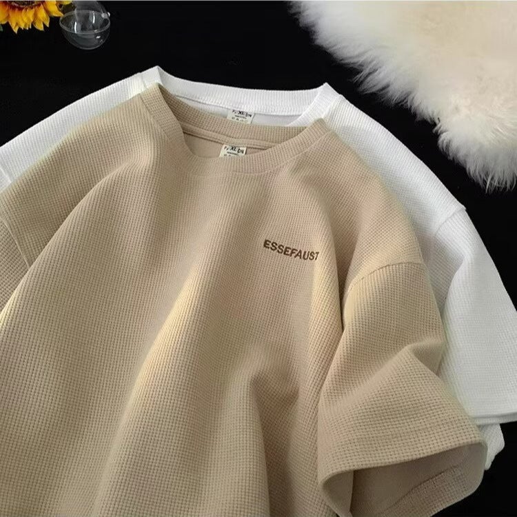 Summer Waffle Short-Sleeve T-Shirt For Men, Loose Trendy Brand Round Neck Top, Trendy Hong Kong Style Simple T-Shirt - Image 4