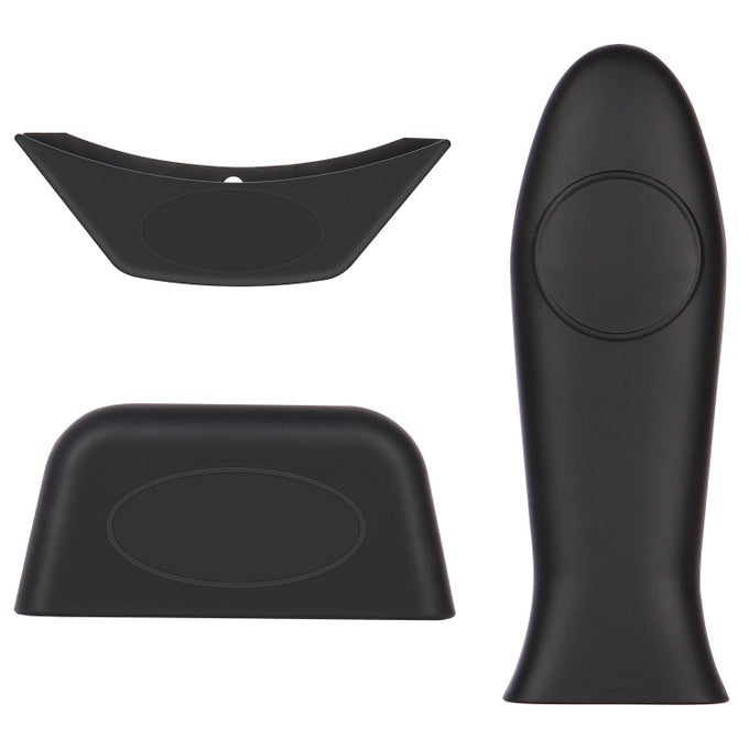 SILICONE HOT HANDLE HOLDER 3 PACK POT HOLDERS COVER RUBBER HOT RESISTANT NON SLIP POT HOLDER SLEEVES FOR CAST IRON SKILLETS METAL FRYING PANS ALUMINUM COOKWARE HANDLES BLACK
