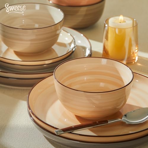 Sweese Plates and Bowls Sets, 18 Piece Dinnerware Set Porcelain Round Dinner Set for 6, Scratch Resistant Dishes Set, Dishwasher and Oven Microwave Safe Handpainted Swirl Dishware Sets, Neutral - Image 5