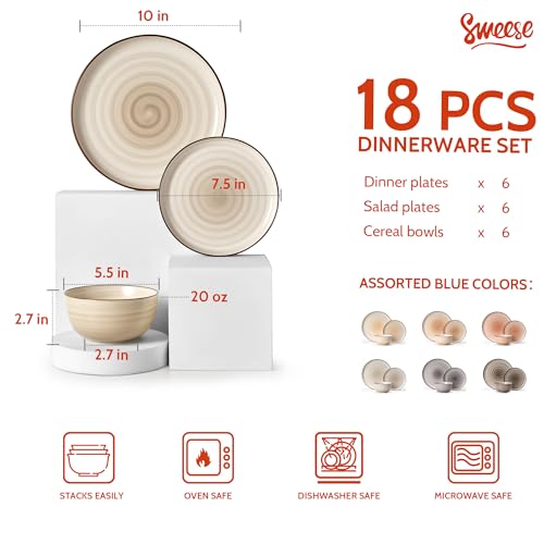 Sweese Plates and Bowls Sets, 18 Piece Dinnerware Set Porcelain Round Dinner Set for 6, Scratch Resistant Dishes Set, Dishwasher and Oven Microwave Safe Handpainted Swirl Dishware Sets, Neutral - Image 2