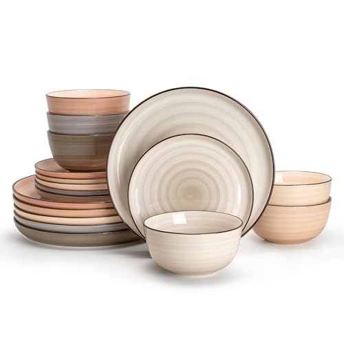 Sweese Plates and Bowls Sets, 18 Piece Dinnerware Set Porcelain Round Dinner Set for 6, Scratch Resistant Dishes Set, Dishwasher and Oven Microwave Safe Handpainted Swirl Dishware Sets, Neutral - Image 1