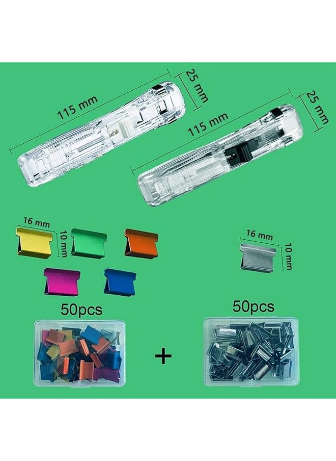 erorex - Portable Stapler 2 Pcs With 100 Pcs Binder Clips Multifunction Paper Storage Artifact Creative Free Of Punching File Binding Clamp Mini Handheld Binder Snack Sealing Binding Clip - Image 1
