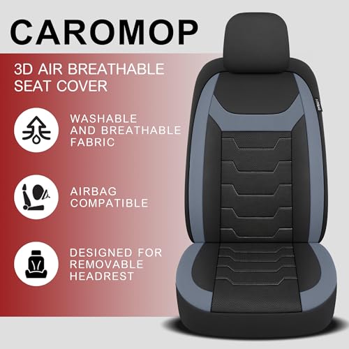 CAROMOP غطاء مقعد السيارة CAROMOP القابل للتنفس لمقعدين أماميين، أغطية مقاعد قماش شبكي ثلاثي الأبعاد للسيارات، تناسب عالمي لأغطية داخلية للسيارات SUV والفانات والسيدان والشاحنات (أسود/رمادي) - Image 3