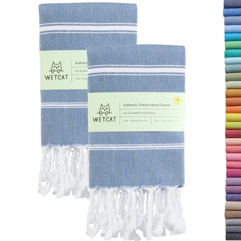 WETCAT Turkish Hand Towels with Hanging Loop Set of 2 20 x 30 100 Turkish Cotton PreWashed Quick Drying for Kitchen or Bathroom Denim Blue