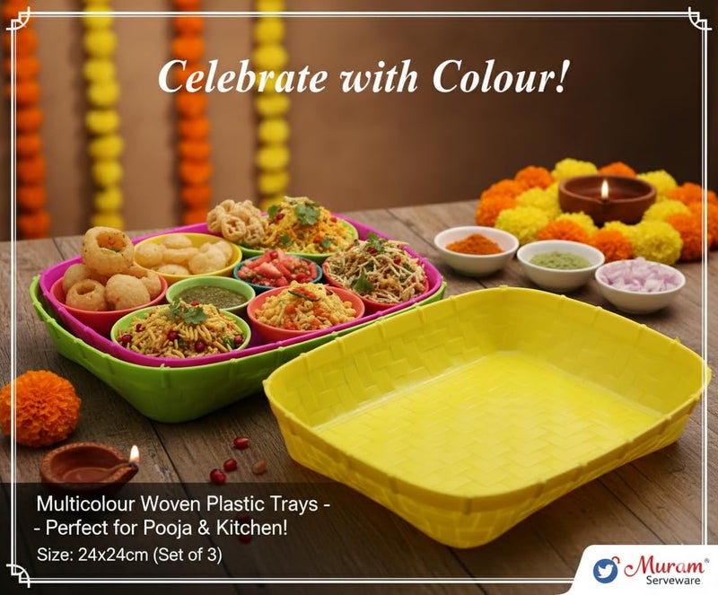 LJL Traders® Plastic Serving Tray | Square Muram soop sup moram for Chat puja and Kitchen Multicolour, Size 24x24cm (Set of 3) Serving Tray | Mini Muram for Home | Kichen,Dining and Office Use - Image 2