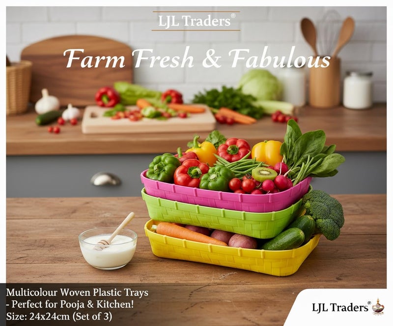 LJL Traders® Plastic Serving Tray | Square Muram soop sup moram for Chat puja and Kitchen Multicolour, Size 24x24cm (Set of 3) Serving Tray | Mini Muram for Home | Kichen,Dining and Office Use - Image 5
