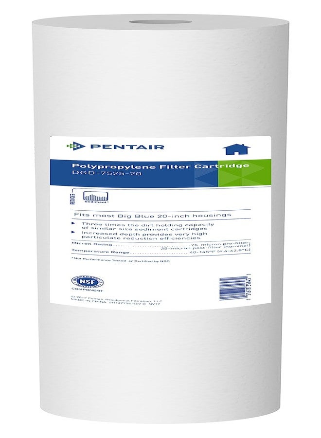 بينتيك فلتر مياه Pentek Pentair DGD-7525-20 Big Blue، خرطوشة بديلة لفلتر الرواسب للمنزل بالكامل مقاس 20 بوصة، مصنوع من البولي بروبيلين المغزول ثنائي الكثافة المتدرجة، 20 بوصة × 4.5 بوصة، 25 ميكرون، عبوة من قطعة واحدة، أبيض - Image 1