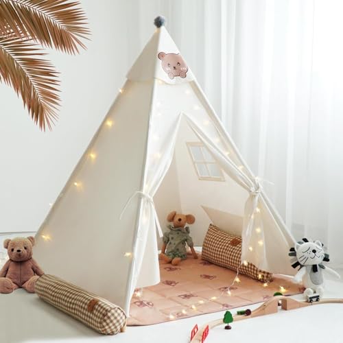 RongFa Teepee Tent for KidsPortable Children Play Tent Indoor Outdoor White with Mat - Image 1