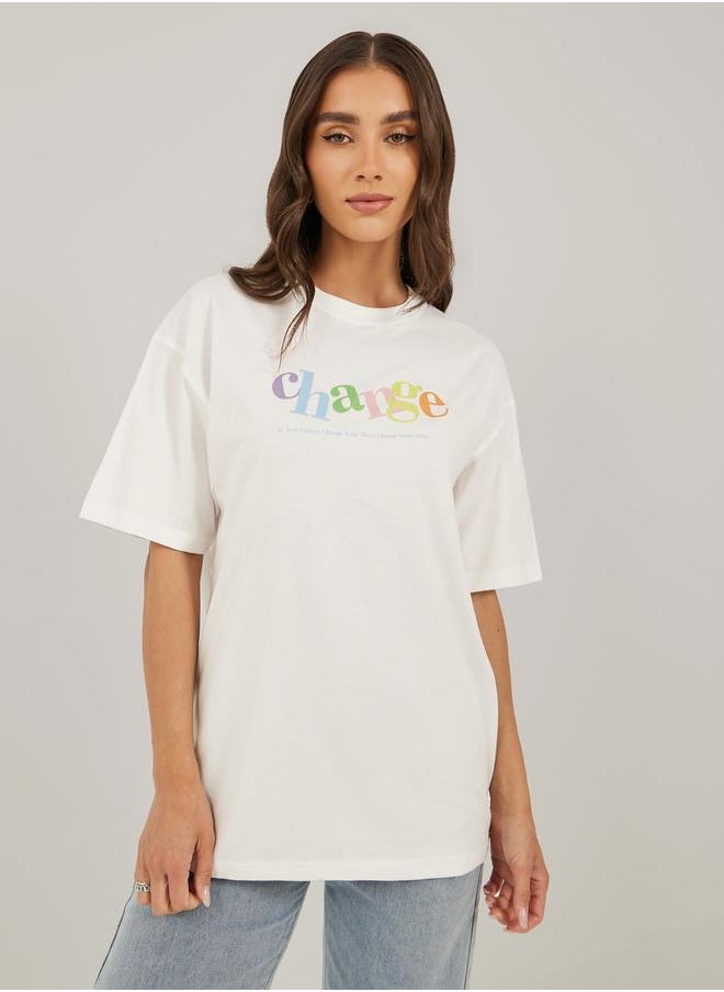 Styli Slogan Print Round Neck Oversized T-Shirt  - Image 1