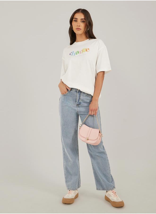 Styli Slogan Print Round Neck Oversized T-Shirt  - Image 2