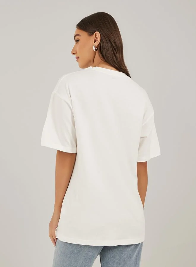 Styli Slogan Print Round Neck Oversized T-Shirt