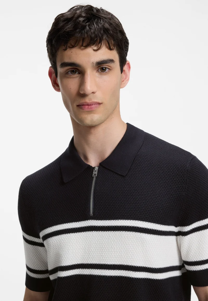 HUGO Dark Blue Zip-neck knit polo with block stripes for Men | Best Price UAE