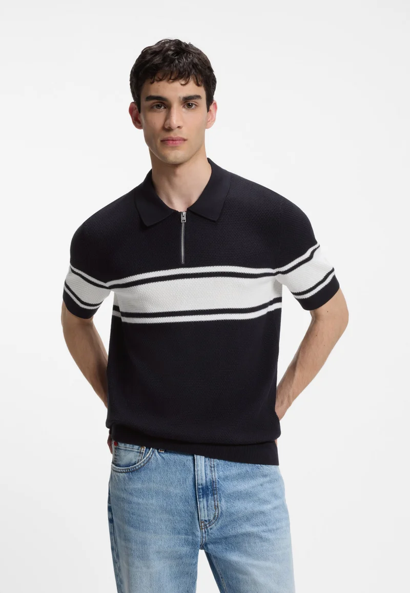 هوجو Zip-neck knit polo with block stripes