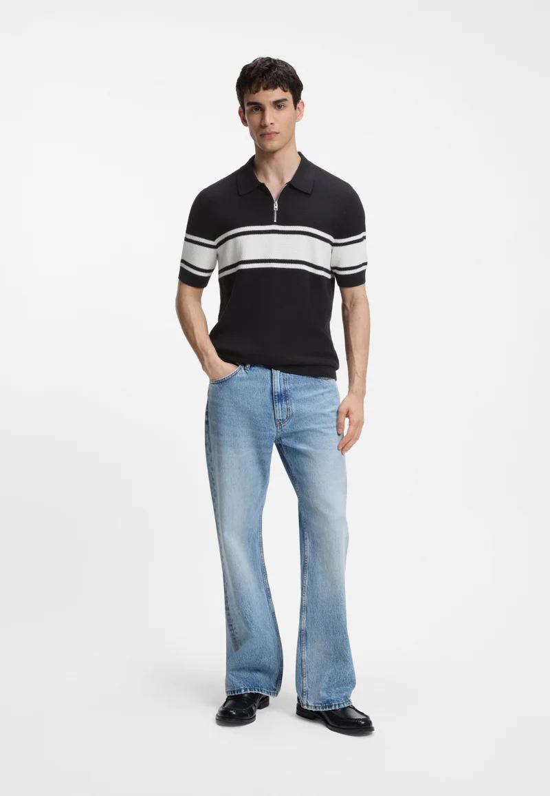 HUGO Dark Blue Zip-neck knit polo with block stripes for Men | Best Price UAE
