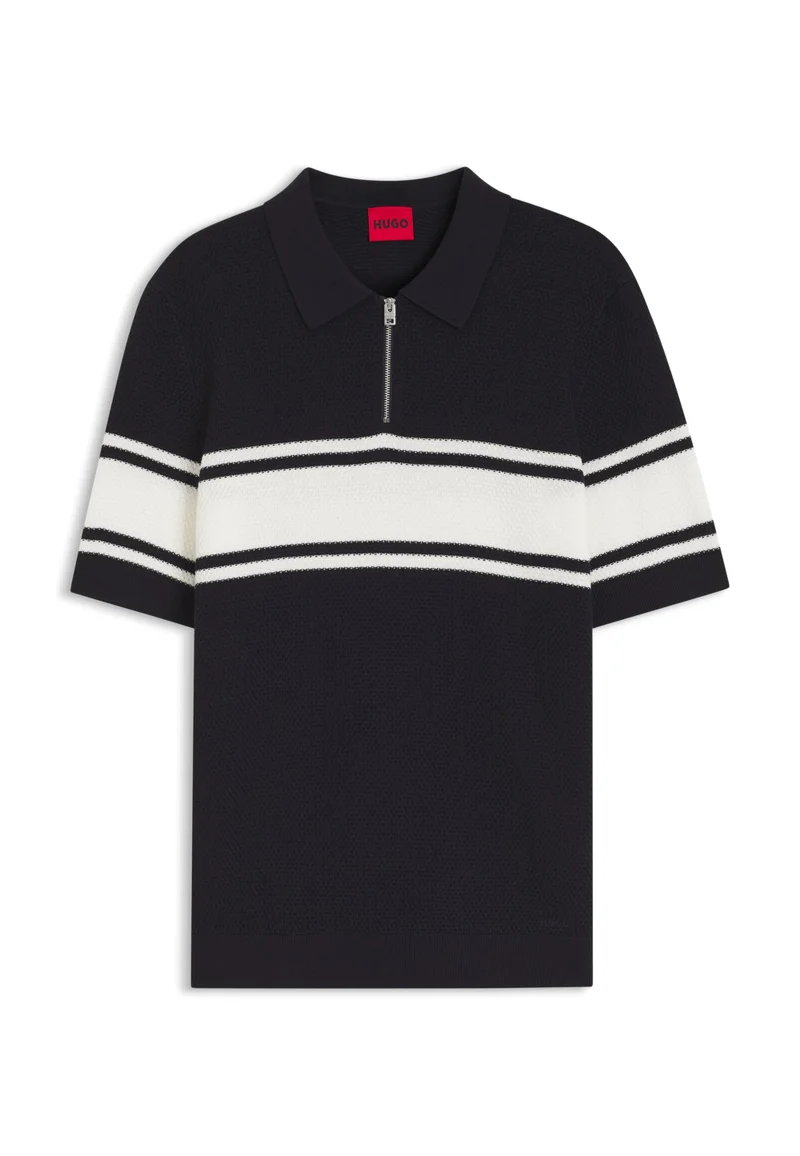 HUGO Dark Blue Zip-neck knit polo with block stripes for Men | Best Price UAE
