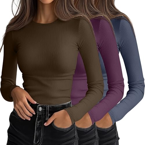 Ficerd 3 Pack Womens Ribbed Long Sleeve Tops Crew Neck Slim Fit Undershirts Knit Basic Casual Stretch Layering Tee ShirtsMocha Wine Red Blue GraySmall - Image 1