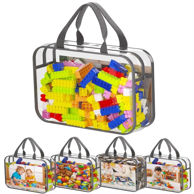 VERONLY Toy Zippered Blocks Set Storage Bags for boy girls 4PC Large PVC Storage Organizer Bags with Mesh Side Pockets for Puzzle Clay Book Small Models and Mini Plush Toys Dark Grey 4PACK Large - Image 2