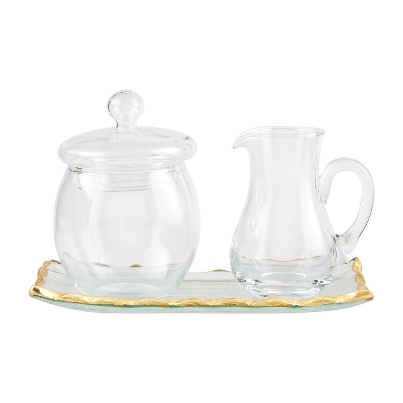 Mud Pie Gold Edge Glass Cream and Sugar Set; cream 5" x 2 1/2" | sugar 3" x 3" dia | tray 4" x 7" - Image 1