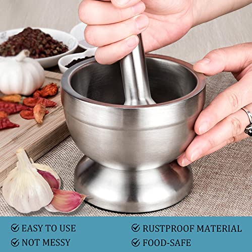 Jolfay Kitchen Food Tools Stainless Steel Manual Garlic Spice Tamping Rammer Mortar Pestle Mill Grinder Crushing Bowl Stainless Steel Mortar and Pestle Manually Grind Spices Garlic Press Nut Set - Image 5