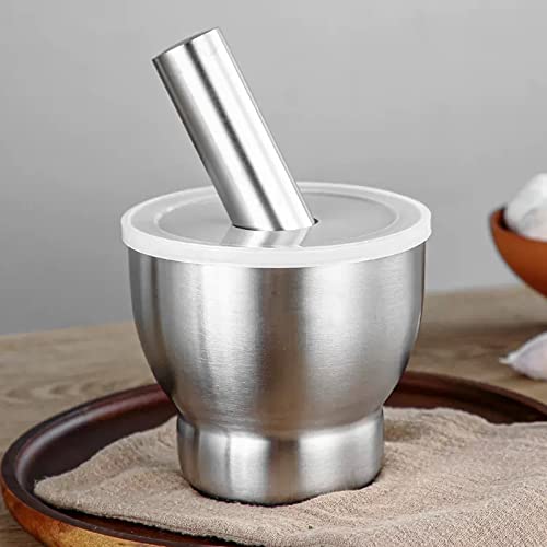 Jolfay Kitchen Food Tools Stainless Steel Manual Garlic Spice Tamping Rammer Mortar Pestle Mill Grinder Crushing Bowl Stainless Steel Mortar and Pestle Manually Grind Spices Garlic Press Nut Set - Image 2