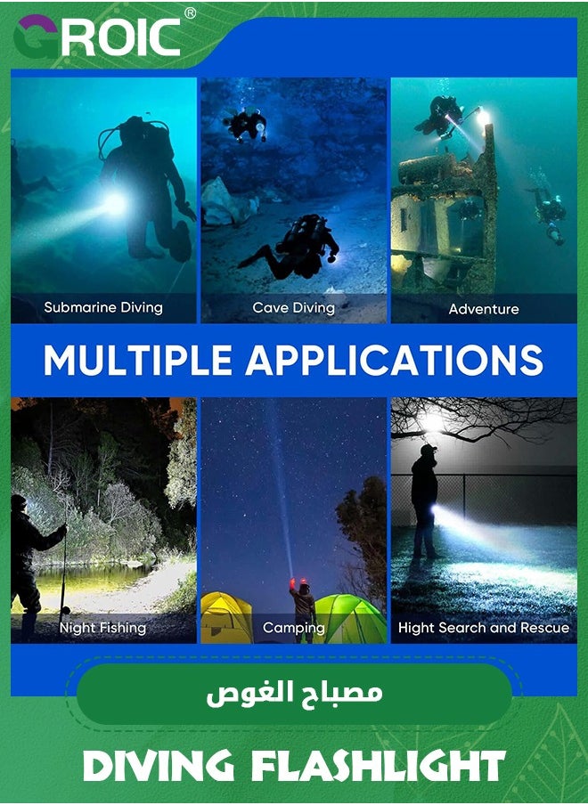 GROIC - Dive Flashlight Scuba Diving Flashlight 5000LM, IP68 Waterproof Flashlight, 3 Modes Underwater Lights with Power Indicator, Snorkeling Light with Rechargeable Battery for Night Diving - Image 1