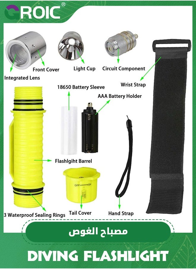 GROIC - Dive Flashlight Scuba Diving Flashlight 5000LM, IP68 Waterproof Flashlight, 3 Modes Underwater Lights with Power Indicator, Snorkeling Light with Rechargeable Battery for Night Diving - Image 1