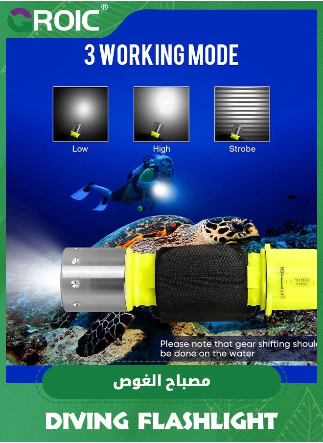 GROIC - Dive Flashlight Scuba Diving Flashlight 5000LM, IP68 Waterproof Flashlight, 3 Modes Underwater Lights with Power Indicator, Snorkeling Light with Rechargeable Battery for Night Diving - Image 1