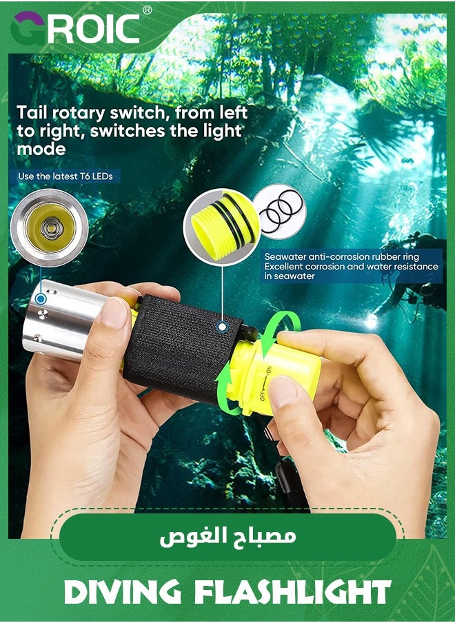 GROIC - Dive Flashlight Scuba Diving Flashlight 5000LM, IP68 Waterproof Flashlight, 3 Modes Underwater Lights with Power Indicator, Snorkeling Light with Rechargeable Battery for Night Diving - Image 1