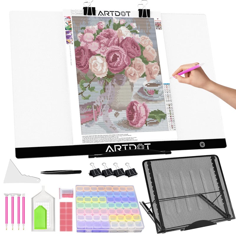 ARTDOT A2 LED Light Pad for Diamond Art USB Powered Light Board Kit Adjustable Brightness with 12 Angles Stand and Clips 40 x 60cm