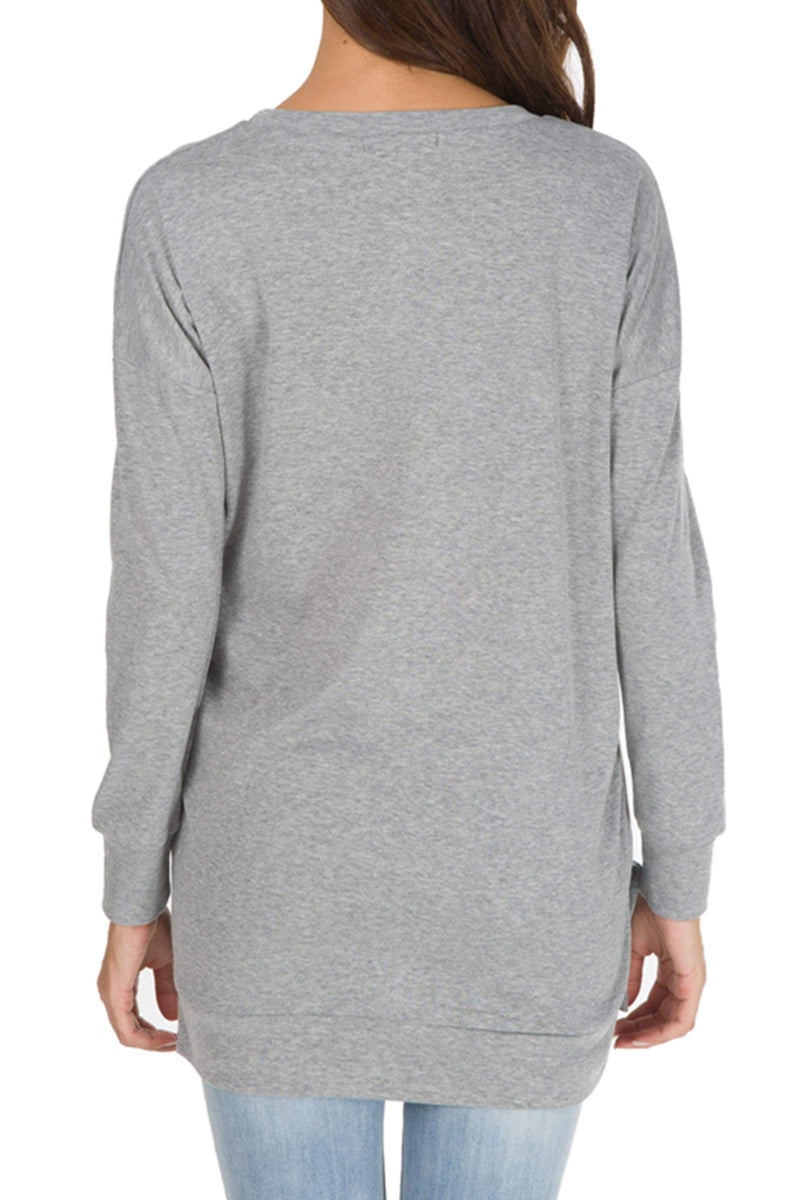 levaca Womens Round Neck Solid Side Split Loose Casual Plus Sweatshirt Gray L - Image 4