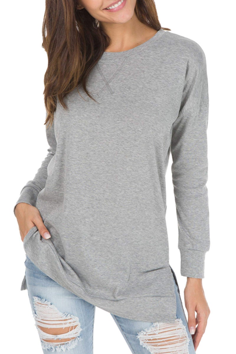 levaca Womens Round Neck Solid Side Split Loose Casual Plus Sweatshirt Gray L - Image 1