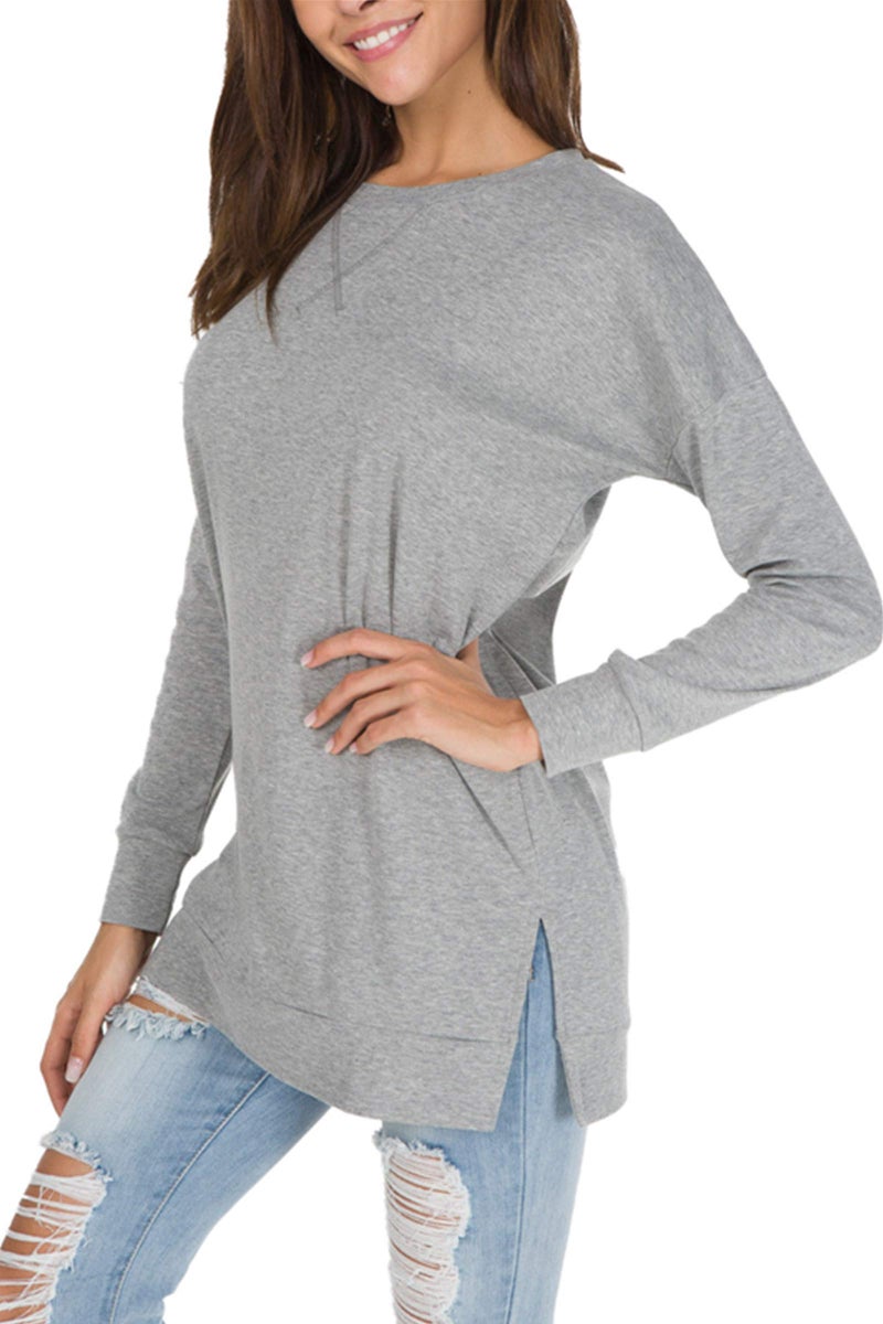 levaca Womens Round Neck Solid Side Split Loose Casual Plus Sweatshirt Gray L - Image 3