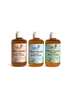 Rustic Art Organic Body Wash (Rose Sandal + Floral Shower + Rosemary Peppermint, 300 Ml (Pack Of 3)) | Handmade Jute Pouch Gift Pack | Sulphate & Paraben Free Castile Soap | For Women & Men 
