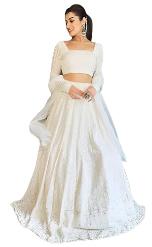 TRENDMALLS Women's Georgette Embroidery Work Lehenga Choli With Dupatta (White, Free) - Image 1