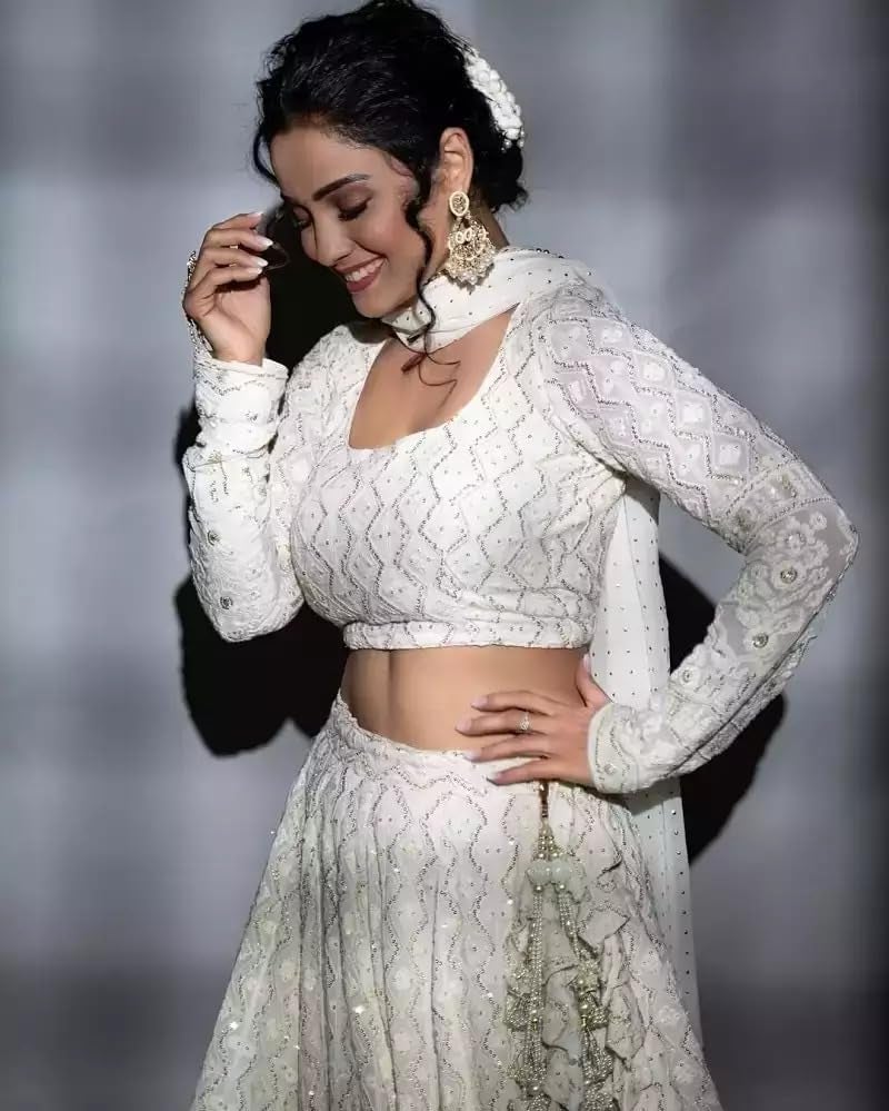 TRENDMALLS Women's Georgette Embroidery Work Lehenga Choli With Dupatta (White, Free) - Image 4