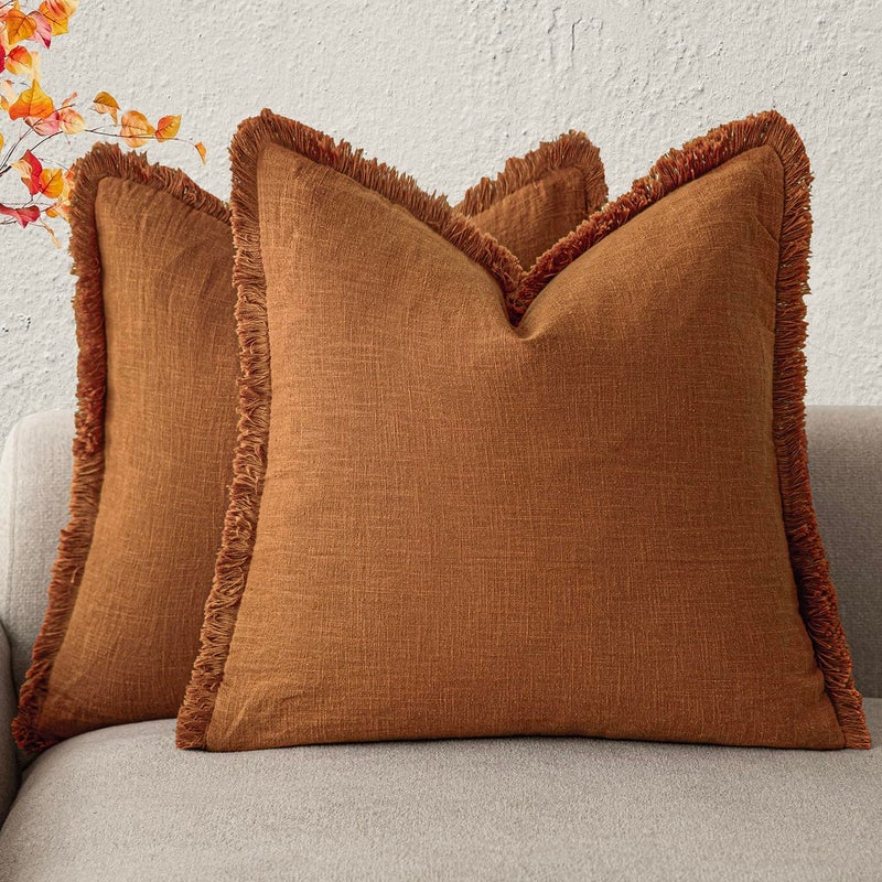 Foindtower Set of 2 Decorative Linen Fringe Throw Pillow Covers Cozy Boho Farmhouse Cushion Cover with Tassels Soft Accent Pillowcase for Couch Sofa Bed Living Room Home Decor 2020 Inch Orange