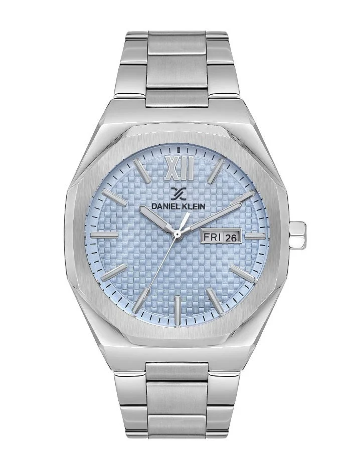 DANIEL KLEIN Men's Stainless Steel Silver Alloy Case Analog Blue Round Emboss Dial Japanese Quartz Premium 50 Meters Water Resistant