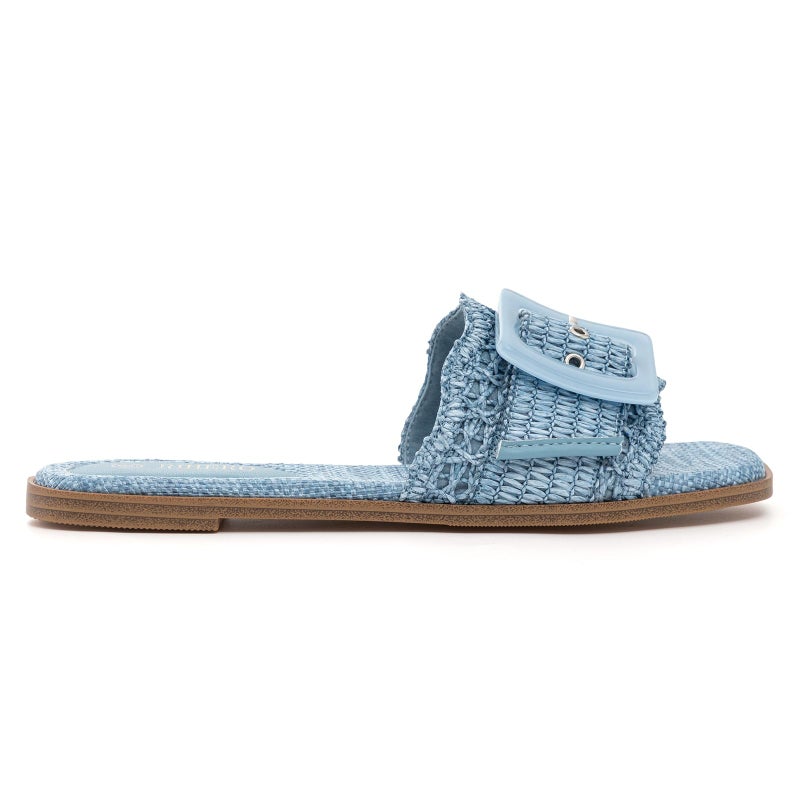 Rihero Womens Flat Sandals Raffia Slip On Beach Slides Square Open Toe Comfortable Summer Buckle Woven Blue Slide Sandals Blue Size 8.5 - Image 3