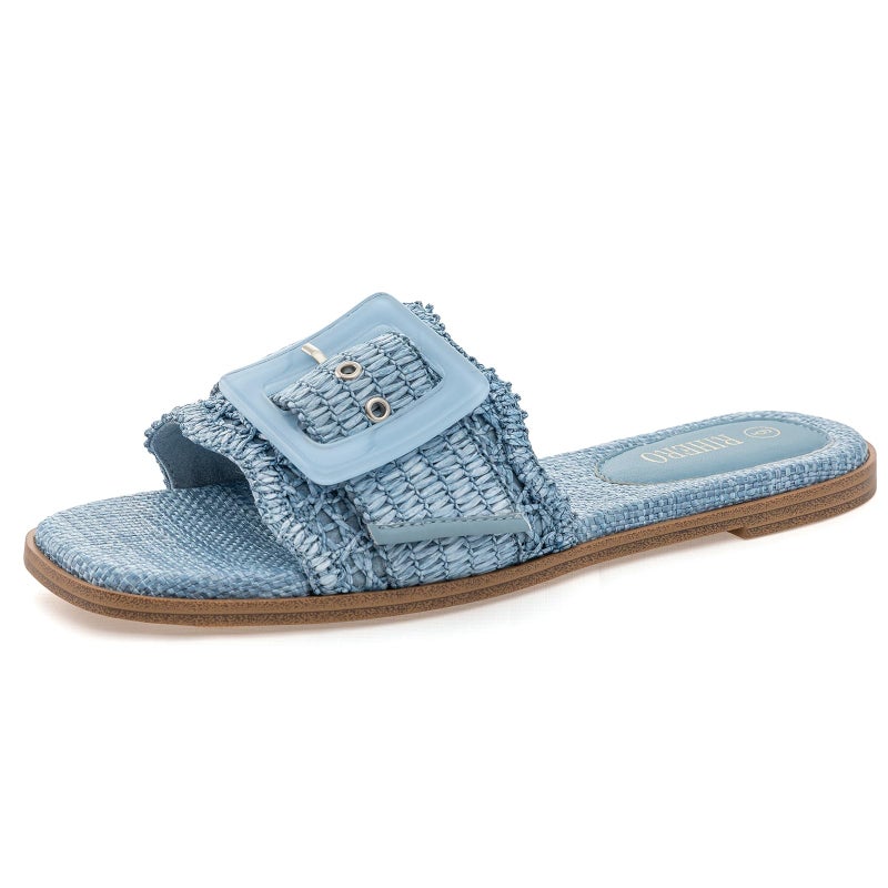 Rihero Womens Flat Sandals Raffia Slip On Beach Slides Square Open Toe Comfortable Summer Buckle Woven Blue Slide Sandals Blue Size 8.5 - Image 1