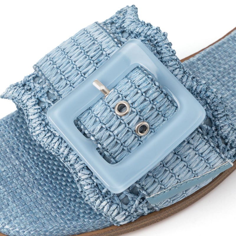 Rihero Womens Flat Sandals Raffia Slip On Beach Slides Square Open Toe Comfortable Summer Buckle Woven Blue Slide Sandals Blue Size 8.5 - Image 4