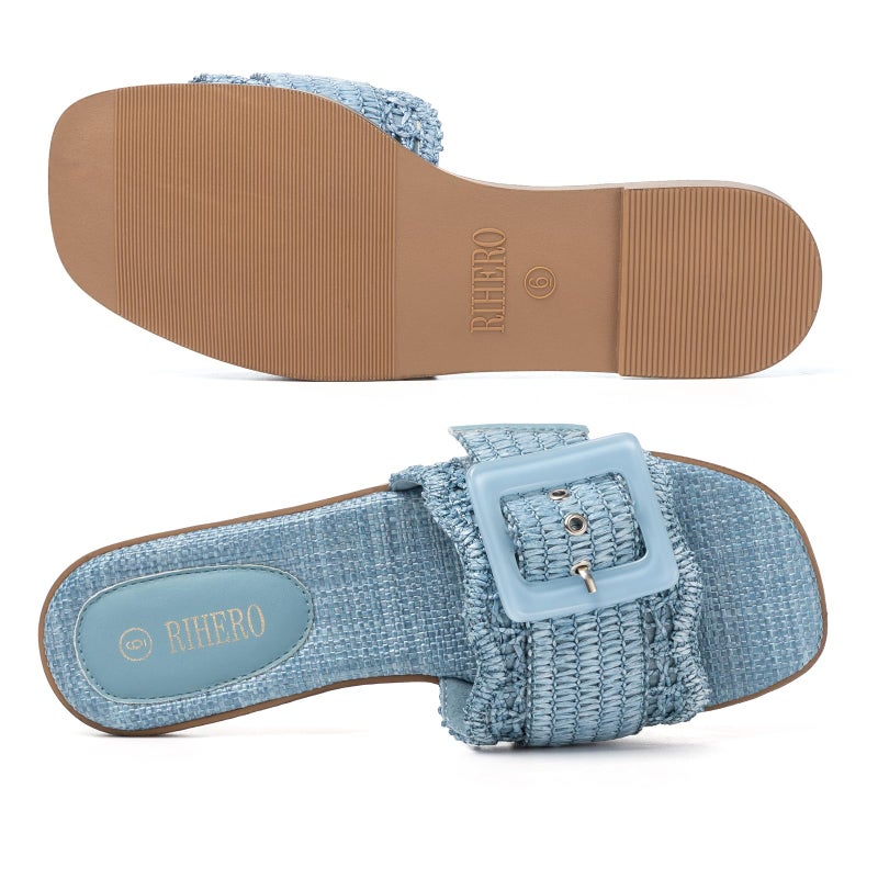 Rihero Womens Flat Sandals Raffia Slip On Beach Slides Square Open Toe Comfortable Summer Buckle Woven Blue Slide Sandals Blue Size 8.5 - Image 5