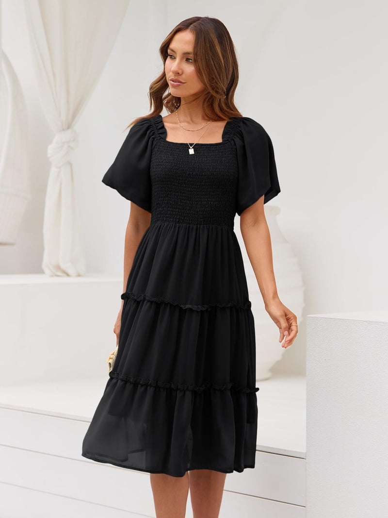 LILLUSORY Women Dresses Spring Summer 2026 Midi Graduation Bridal Baby Shower Casual Flowy Boho Sun Sundress Bridesmaid Brunch Cute Ladies Vacation Beach Smocked Teacher Clothes Outfits Black M - Image 3