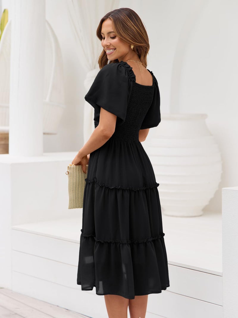 LILLUSORY Women Dresses Spring Summer 2026 Midi Graduation Bridal Baby Shower Casual Flowy Boho Sun Sundress Bridesmaid Brunch Cute Ladies Vacation Beach Smocked Teacher Clothes Outfits Black M - Image 4