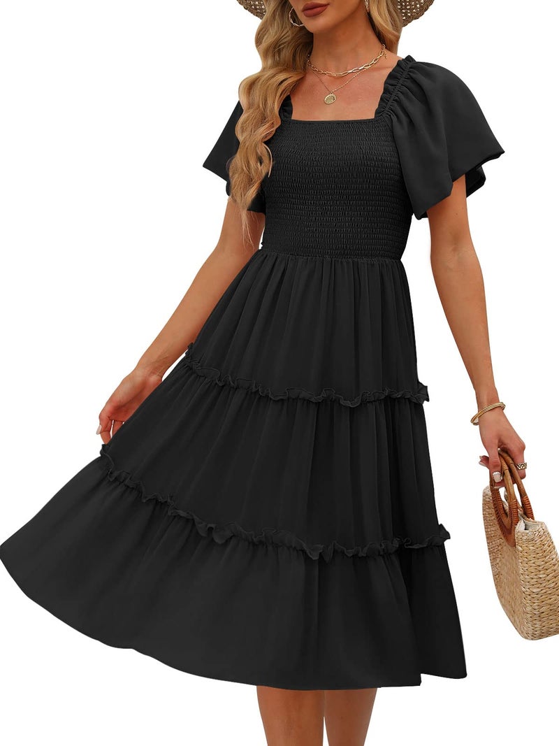 LILLUSORY Women Dresses Spring Summer 2026 Midi Graduation Bridal Baby Shower Casual Flowy Boho Sun Sundress Bridesmaid Brunch Cute Ladies Vacation Beach Smocked Teacher Clothes Outfits Black M - Image 1