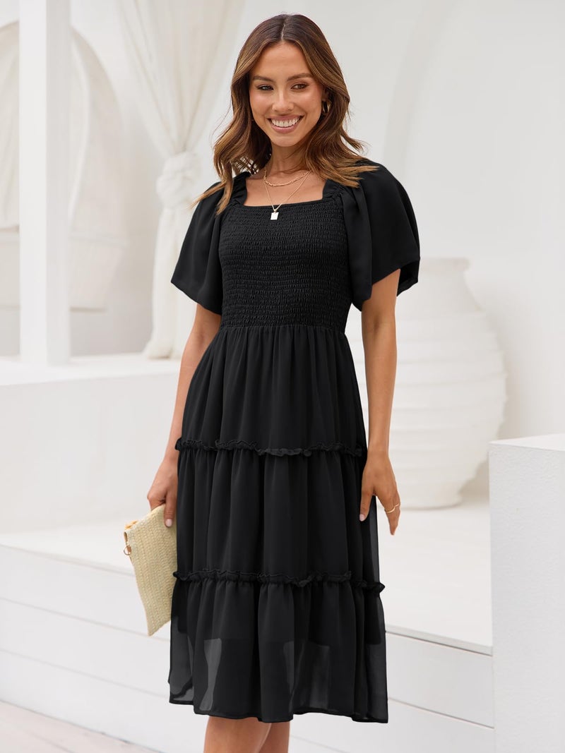 LILLUSORY Women Dresses Spring Summer 2026 Midi Graduation Bridal Baby Shower Casual Flowy Boho Sun Sundress Bridesmaid Brunch Cute Ladies Vacation Beach Smocked Teacher Clothes Outfits Black M - Image 2