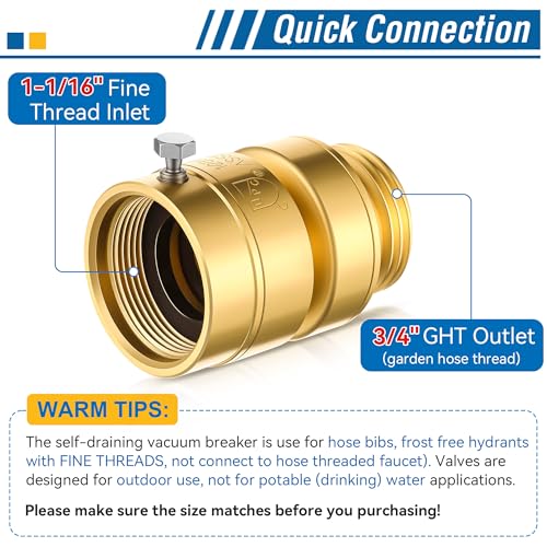 Dreyoo Self Draining Vacuum Breaker Replacement for PK1380 Anti Siphon Valve with 4 Washers and 1 Sealing Tape Hose Bib Backflow Preventer for Garden Outdoor Faucet SpigotFine Thread - Image 3